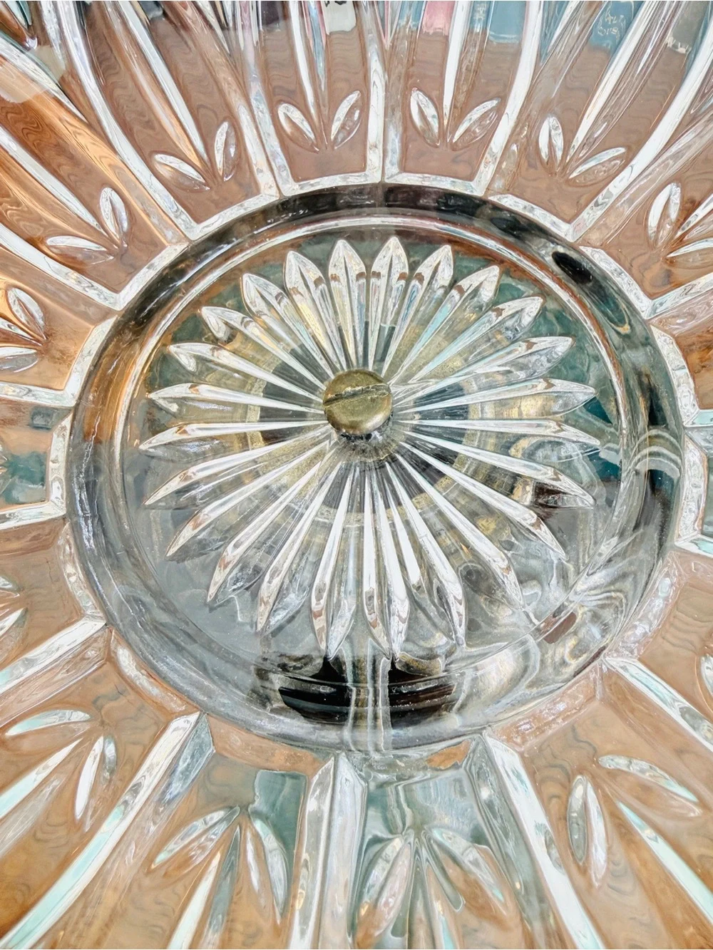 Vintage Crystal Lotus Pedestal Bowl – Hollywood Regency Art Deco Metal Base